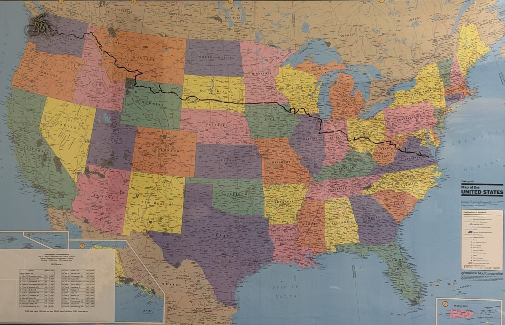 Hand-marked map of the United States showing the 2001 cross-country cycling route from Everett, Washington to Williamsburg, Virginia